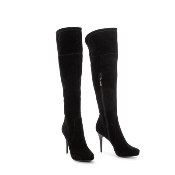 POPUSHIERBlack Suede Knee High Heel Boots